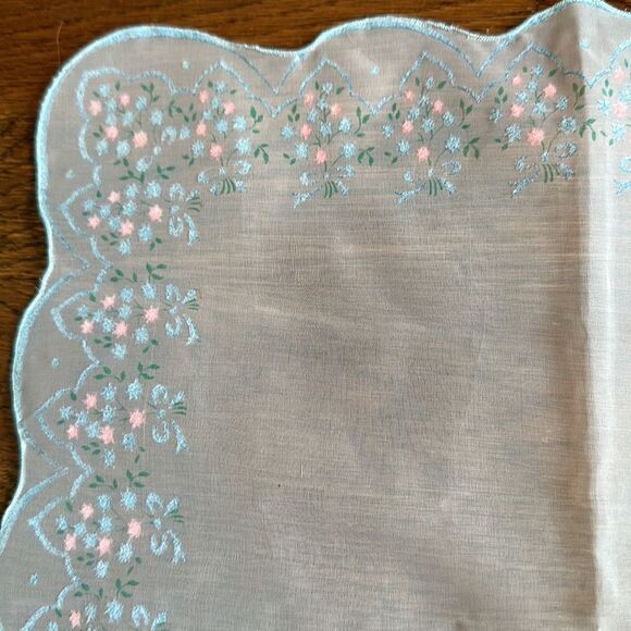 Vintage semi sheer nylon embossed  pink & blue floral embossed handkerchief - Picture 2 of 7